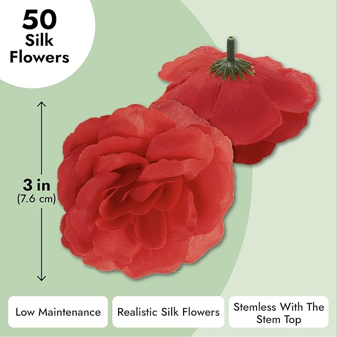 Bright Creations Red Flowers for Centerpieces - 50 Count, 3-Inch Stemless Silk Flower Heads, Red - Bulk Faux & Artificial Roses for Decoration - DIY Crafts & Wedding Decor