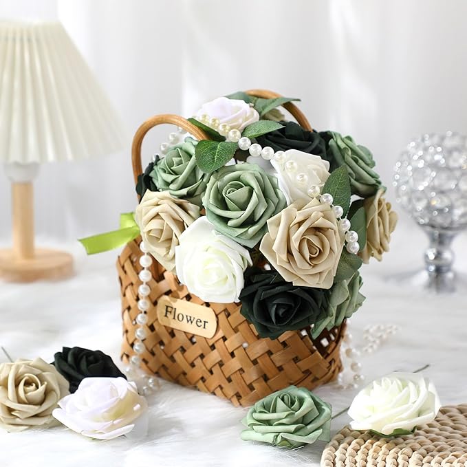 100 Pieces Artificial Foam Rose Flowers Faux Bouquet with Leaves and Stems for DIY Wedding Bouquets Centerpieces Bridal Shower Party Valentine Home Decorations (Shades of Emerald)