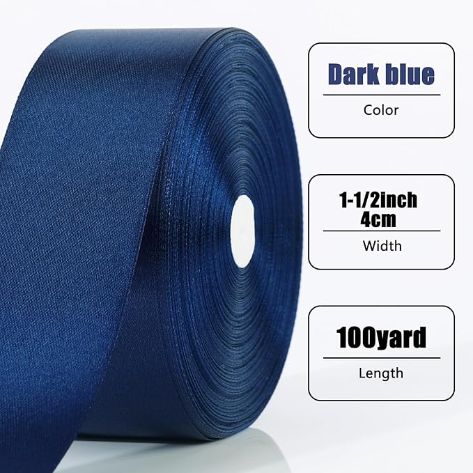 NESCCI 100 Yards Ribbon,1-1/2 Inch Dark Blue Satin Ribbon,Single Face Satin Ribbons, Perfect for Gift Wrapping,Wedding Decoration,Handmade Bows, Wrapping Bouquet and More