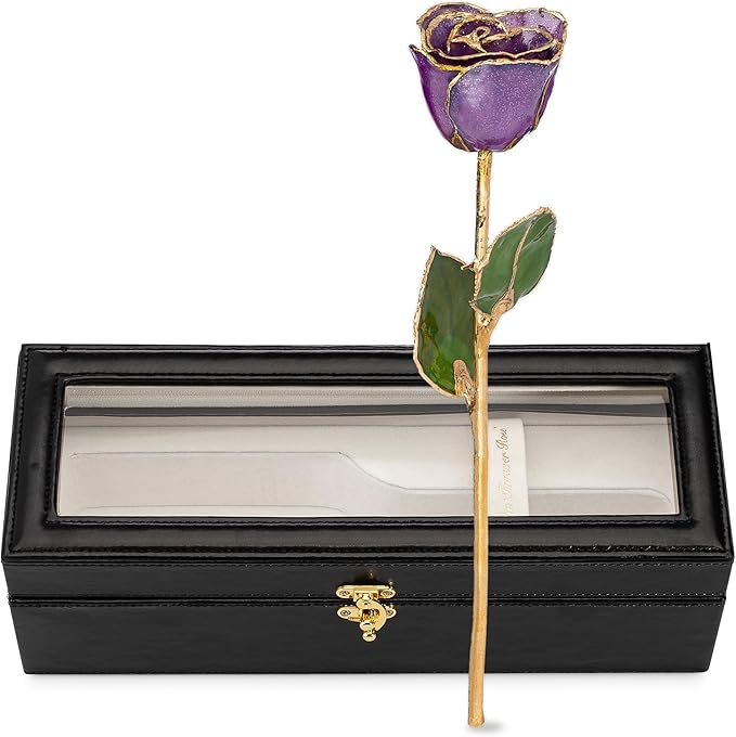 Forever Rose Hand-Dipped in 24K Gold, Amethyst-Inspired February Birthstone with Sparkles, Real Rose in Leather Case with LED Light – Perfect Ready to Gift for February Birthday or Any Occasion