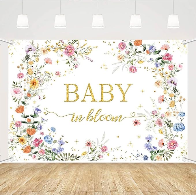 MEHOFOND 7x5ft Wildflower Baby in Bloom Baby Shower Backdrop Decorations, Wildflower Baby Shower Background, Spring Floral Banner Gold Glitter Photography Background Photo Prop 8x6ft