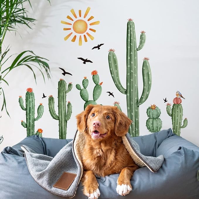 Boho Cactus Wall Decals Boho Sun Wall Stickers Tropical Cacti Green Plants with Birds Wall Decals for Living Room, Bedroom, Kitchen, Dining Room