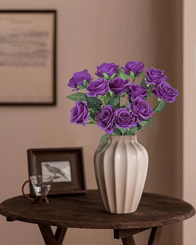 DuHouse 10pcs Fake Roses Artificial Silk Flowers Long Stems Bouquet for Arrangement Wedding Centerpiece Party Home Kitchen Decor(Dark Purple)