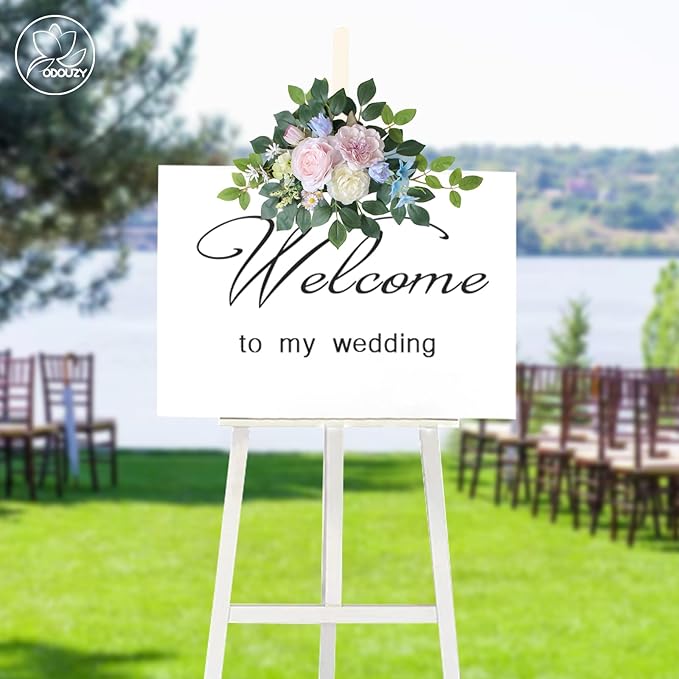 Wedding Arch Flowers Kit,Artificial Flower Arch Decor (Set of 3),2pcs Artificial Flower Arrangement with 1pc Sheer Drape for Wedding Decor Reception Backdrop Floral Decorations (Bluish Pink)