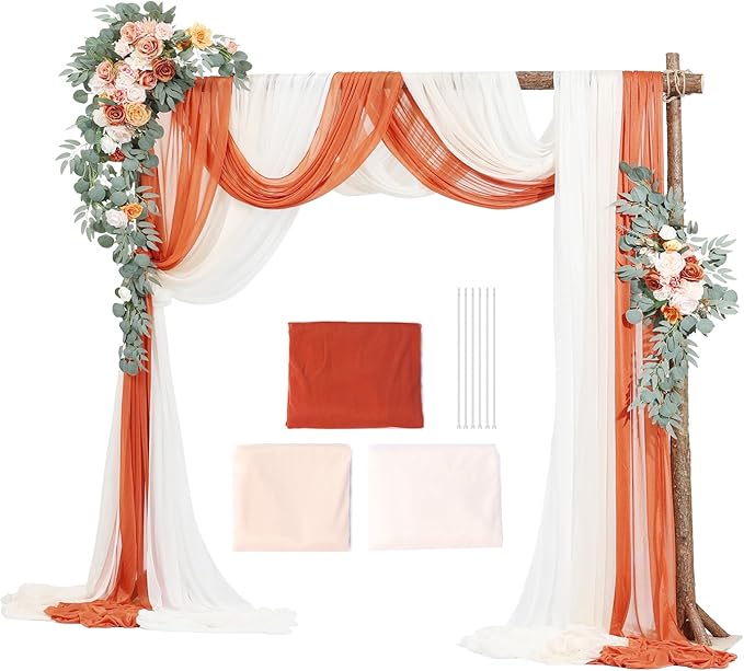 VEVOR Artificial Wedding Arch Flowers Kit, Orange Wedding Arch Flowers with Drapes Kit (Pack of 5) - 2 Pcs Floral Arrangement, 3 Pcs Sheer Drapes, for Ceremony Bouquets Reception Backdrop Decoration