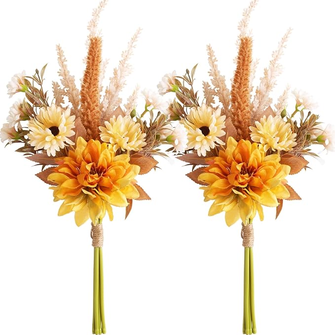 Fake Flower Bouquet, Faux Flower Arrangement for Decorating Kitchens, Bedrooms, Bathrooms, Realistic Artificial Flowers Made of Silk & Plastic, Floral Decoration with Dahlia & Small Blossoms