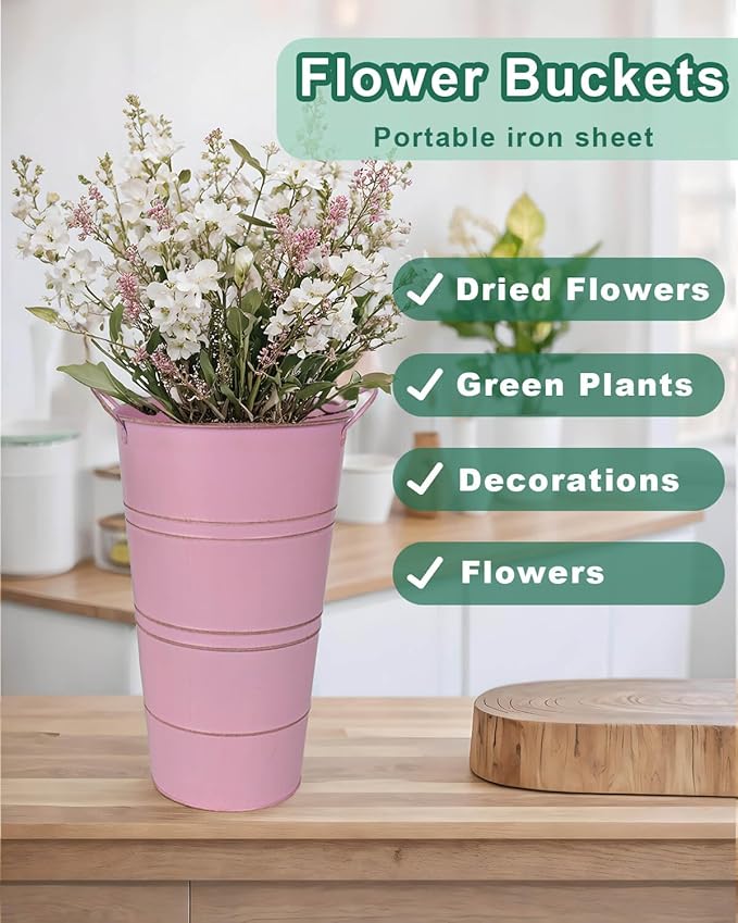 12 Inch Galvanized Metal Vases for Flowers - 6 Pcs Farmhouse Decorative Tall Flower Bucket with Handles, Rustic French Tin Planter Buckets for Wedding Decor (Pink)