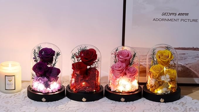 Forever Christmas Flowers for Delivery, Preserved Rose in Glass Dome with LED.Red Eternal Flowers Gifts for Women Wife Mom on Mothers Day, Valentines Day, Anniverysary, Birthday