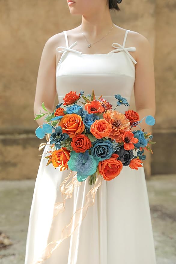 Fall Orange Artificial Flowers Roses Fake Flowers with Stems Blue Orange Artificial Flowers for DIY Bridal Bouquets Faux Flowers Centerpieces for Table Home Decor