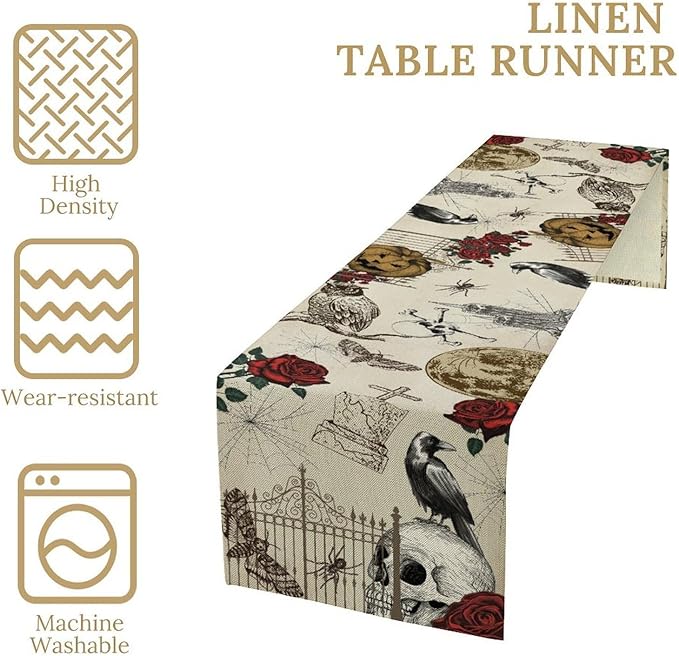 Gothic Floral Table Runner, Retro Dark Skull Crow Vintage Flower Halloween Pumpkin Witchy Coffee Table Center Decor for Home Kitchen Dining Patio Holiday Party Table Decorations 13x72 inches