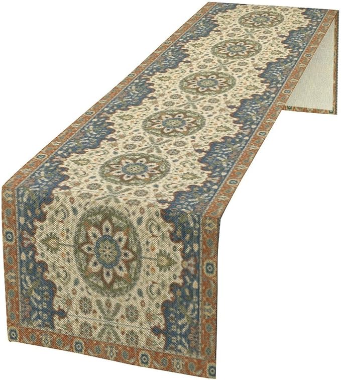 Boho Bohemian Table Tunner, Vintage Neutral Traditional Mandala Floral Blue Beige Medallion Table Runner for Kitchen Dining Outdoor Indoor Home Decor, 13x108 Inch
