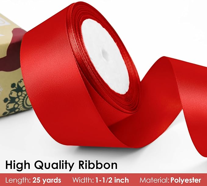25 Yards 1.5 inch Satin Ribbon, Solid Color Fabric Ribbon Perfect for Gift Wrapping, Wedding, Handmade Bows, Floral Bouquets and Party Decoration(red)