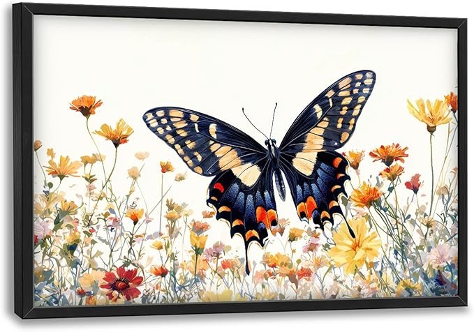 Framed Large Pictures Wall Art for Living Room, Butterfly Oversized Wall Decor Colorful Butterfly Floral Canvas Print Painting Modern Extra Large Framed Artwork for Bedroom Office 36"x24"