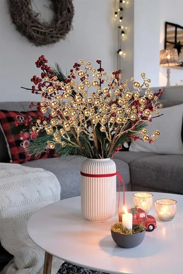 Hollyone 4 Pack Artificial Christmas Glitter Berries Stems, 19 Inch Fake Gold Holly Berry Picks with Ice Snow for Xmas Tree Wreath Floral Arrangements Holiday Home Vase DIY Crafts Decor