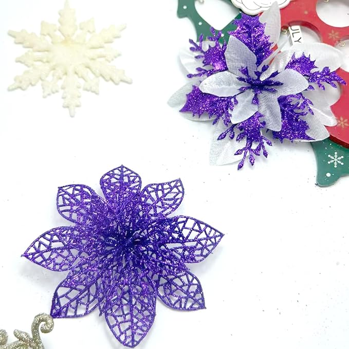 24Pcs Christmas Poinsettia Artificial Flowers and Glitter Berries Kit, 2 Styles Total 16Pcs Christmas Tree Flowers Ornaments, 8Pcs Christmas Tree Picks for Wedding Holiday Decorations, Purple