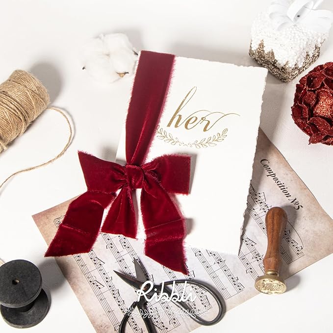 Ribbli Burgundy Velvet Ribbon 1.5 Inch Handmade Frayed Vintage Christmas Ribbon for Gift Wrapping Christmas Tree Ornament Wreath Craft Home Decor -3 Yards