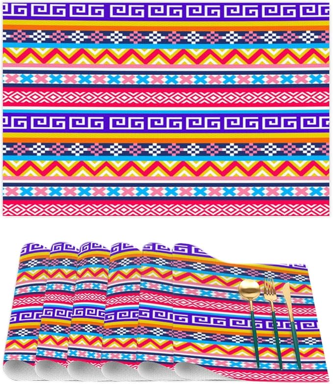 Aztec Rainbow Western Placemats Set of 4 PVC Vinyl Non Slip Table Mats Waterproof Heat Resistant Place Mats Washable Wipeable Dining Table Mat for Kitchen Party Indoor Outdoor Decorative
