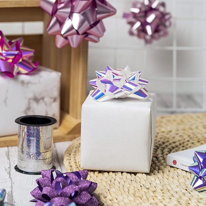 WRAPAHOLIC 14 Pcs Gift Bows Assortment - 12 Multi Colored Assorted Size Gift Bows (Purple, Pink, White, Rose Gold, Silver) and 2 Crimped Curling Ribbons, Perfect for Christmas, Holiday, Party