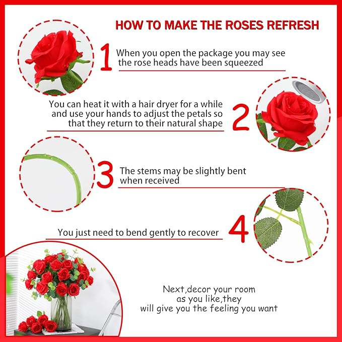 50PCS Artificial Silk Roses Flowers – Realistic Fake Roses in Bulk & Bouquet Long Stem Red Rose for Wedding Centerpieces, Home Decor, Floral Arrangements, Party Decoration (Red)