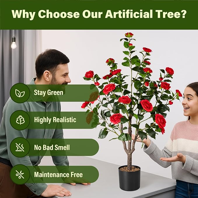 Artificial Camellia Tree,2Pack 3.6FT Faux Red Camellia Plants in Pots,Lifelike Artificial Flower Trees for Indoor Outdoor Home Decor,Realistic Blooming Faux Plants for Living Room Porch Patio Office