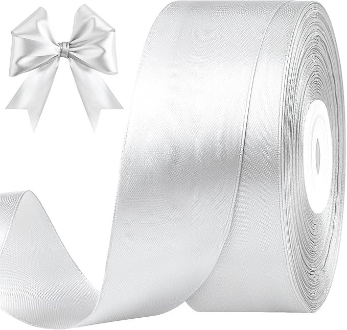 1-1/2 Inches 50 Yards Silver Satin Ribbon, Solid Fabric Ribbon Roll for Flower Bouquets, Gift Wrapping, Wedding, Handmade Crafts