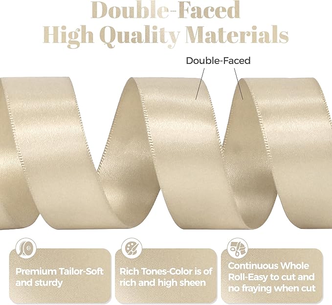 Beige Satin Ribbon, Double Faced 7/8 Inch X 25 Yards Beige Ribbon, Premium Satin Ribbon for Gift Wrapping, Crafts, Hair Bow Making, Sewing, Flower Bouquet, Wedding Party Decor