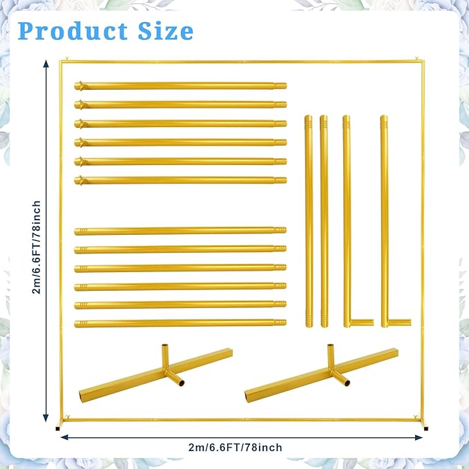 Square Balloon Arch Stand, 6.6x6.6 FT Gold Wedding Arch, Garden Arbor Garden Arches Metal Arch Backdrop Stand for Ceremony Party Birthday Bridal Baby Shower Anniversary Decoration