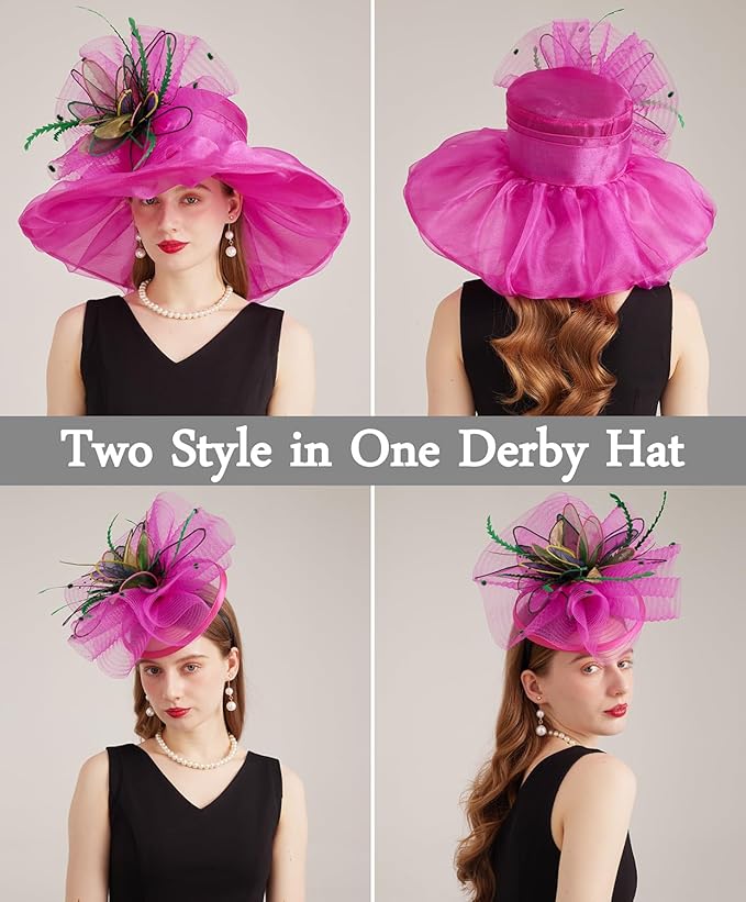 Organza Derby Hats for Women Wide Brim Fascinator Hat Rose Flower Wedding Tea Party Hat