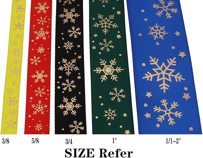 Gold Printing Snowflake Grosgrain Ribbon 25 Yard Each Roll 100% Polyester Woven Edge (3/8", Black)