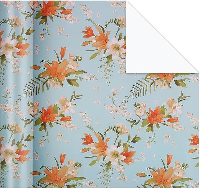 Aimyoo Blue Floral Wrapping Paper Jumbo Roll 17 in x 60 ft, Daylily Flower Gift Wrap for Wedding Birthday Bridal Shower