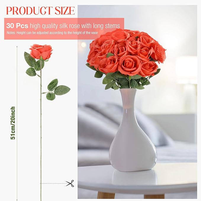 Jexine 60 PCS Artificial Roses Bulk Silk Flowers with Long Stems, Realistic Faux Rose Bouquet for Wedding Centerpieces, Valentine’s Party, Home Decor(Orange)