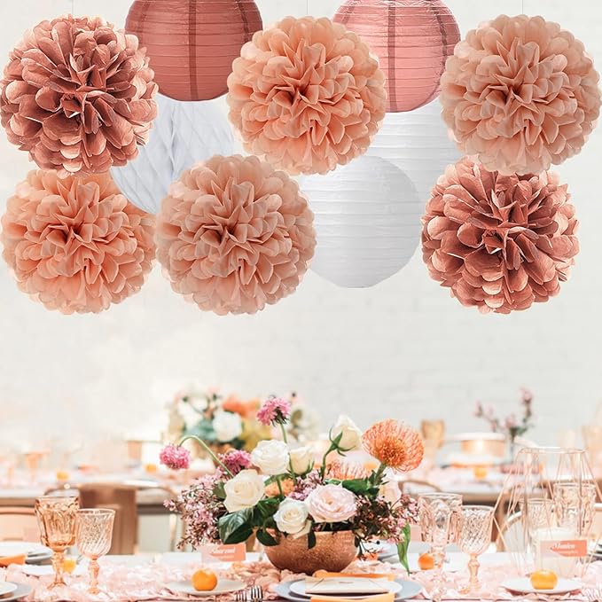 Rose Gold Paper Flowers Tissue Pom Poms Honeycomb Lanterns 15pcs Party Decorations Galentines Birthday Wedding Baby Shower Mothers Day Hanging Supplies Mprocherify