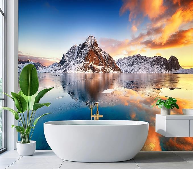 Cliouar-Beautiful Sunrise in Norway - lofotens Mural Wallpaper Peel and Stick 160" x 114"