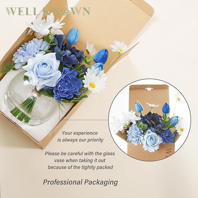 WELL KNOWN Artificial Flowers with Vase Silk Flower Arrangements in Round Bowl Vase with Faux Water for Home Table Decoration (Mixed Blue)