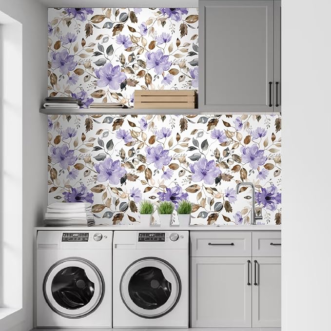 Purple Floral Peel and Stick Wallpaper Modern Contact Paper Waterproof Removable Self Adhesive Botanical Flower Wall Paper for Bathroom Bedroom Cabinets Vinyl Wallpaper 17.7" X 124"
