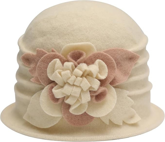 ZLYC Women Wool Cloche Bucket Hat 1920s Vintage Dress Winter Hats with Flower Accent