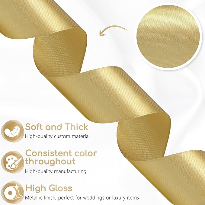 Champagne Gold Ribbon 1-1/2 Inch 30 Yards Gold Satin Ribbon for Floral Bouquets Wedding Gift Wrapping Crafts Hair Christmas Party