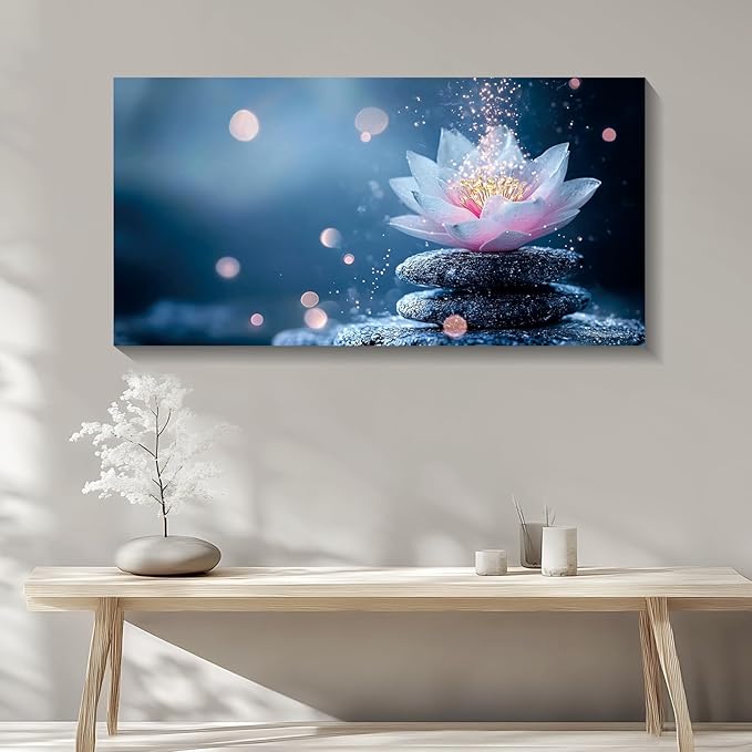 Iallbin Buddha Wall Art & Zen Wall Decor White Lotus on Water Canvas Painting - for Yoga Meditation Room, Spa & Bathroom, Iallbin Zen Stone Wall Art & Zen Wall Decor, Single Luminous Lotus Flowe Spiritually Uplifting Quality -for Yoga Meditation Room, ...