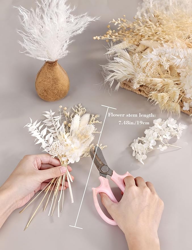 Natural Dried Flower Set, Bulk Dried Flowers with Stems, Dried Daisies, Dried Rabbit's Tail Grass,Mini Bouquet.(White)