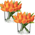 DILATATA Artificial Orange Tulips in Vase with Faux Water 5.5" Real Touch Flowers Fake Tulips Small Flowers Arrangement in Cube Glass Vase for Mother's Day Table Centerpiece Wedding Home Decor 2 Pack