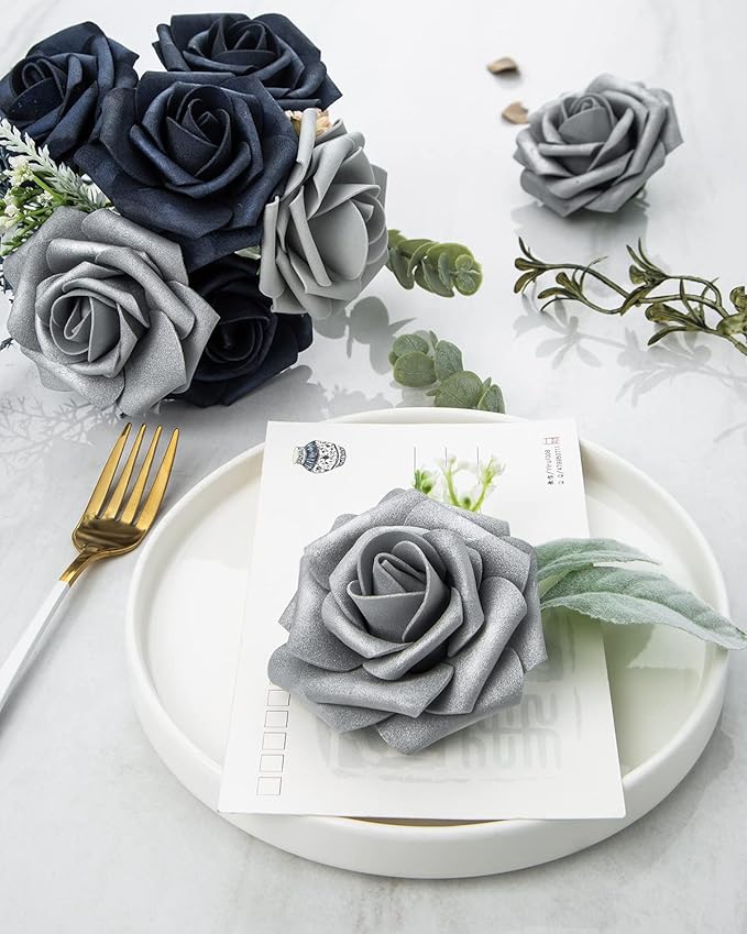 DuHouse 25Pcs Artificial Roses Flowers Fake Roses with Stems Real Touch Foam Flowers for DIY Wedding Bouquet Baby Shower Centerpiece Floral Arrangement Party Home Decor(Silver Grey)