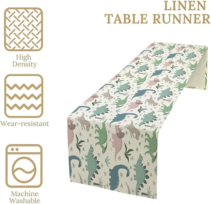 Cartoon Dinosaur Table Runner,Kids Boys Cute Colorful Animal Dino Abstract Print Tablecloth Burlap for Hotel Indoors Outdoor Dining Room Kitchen Holiday Party, 13x90in