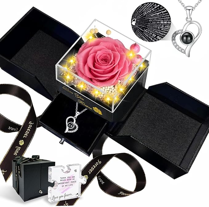 Preserved Real Rose-Eternal Flowers Rose Mothers Day for Mom Women Her Wife Girlfriend on Birthday Valentines with I Love You Necklace 100 Languages Romantic Gift (Pink)