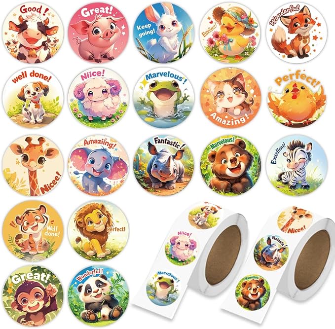 1000 Pcs Teacher Reward Animal Stickers for Kids Classroom Boys Girls School Students.2 Roll 1 Inch Good Job Stickers Gift for Birthday Party Favors.Teacher Must Haves Supplies Small Sticker