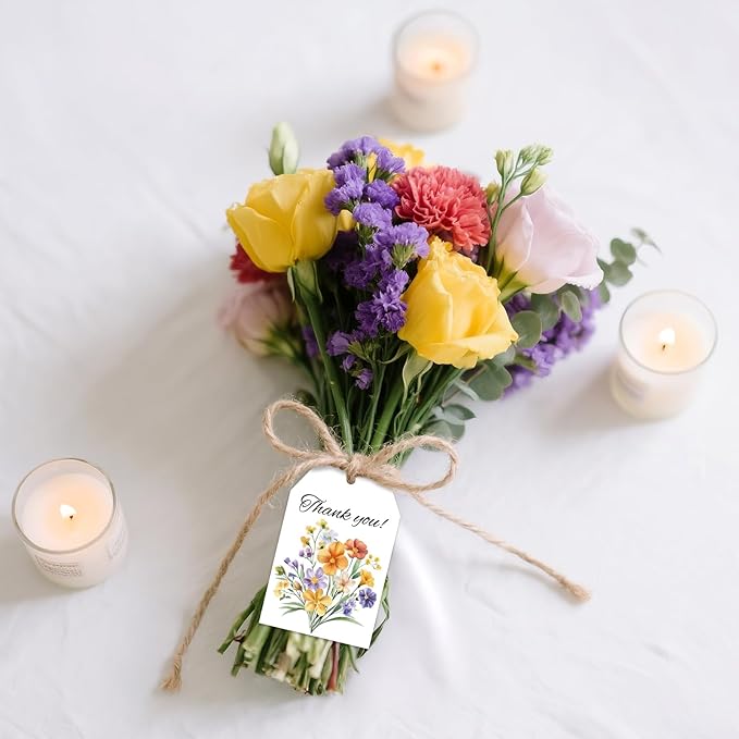 G2PLUS 50Pcs Thank You Tags - 3.3x2.2 in Floral Gift Tags with String, Thank You for Celebrating with Us Tag, White Paper Party Favors Hangtag for Wedding, Baby Shower, Bridal Shower, Birthday