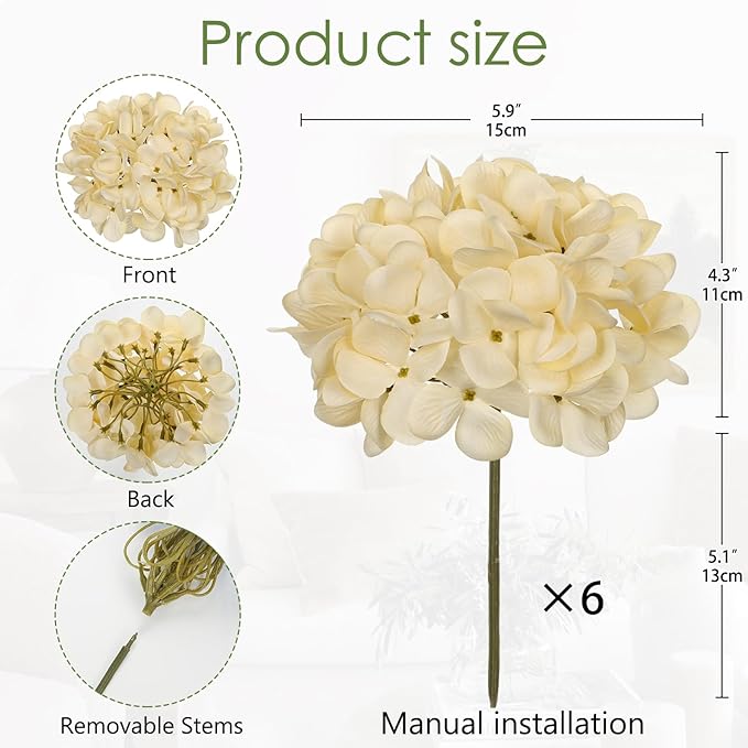 Hollyone 6 Pcs Beige Hydrangea Artificial Flowers Heads with Stems Silk Faux Hydrangea Champagne Fake Flowers for Home Indoor Outdoor DIY Floral Wedding Flower Bouquets Kitchen Table Centerpiece Decor
