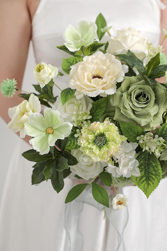 Artificial Flowers Roses Fake Flowers with Stems Green Artificial Flowers for DIY Bridal Bouquets Faux Flowers Centerpieces for Table Home Decor