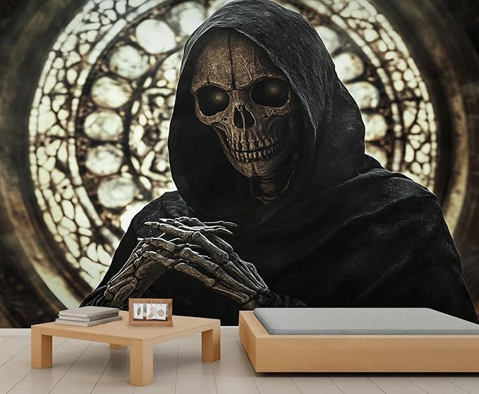 Gothic Skeleton Wall Mural, Dark Fantasy Skull 3D Wall Murals, Medieval Gothic Wallpaper Mural, for Living Room Bedroom Large Wallpaper Indoor Decor 157.5" W x110.3 H