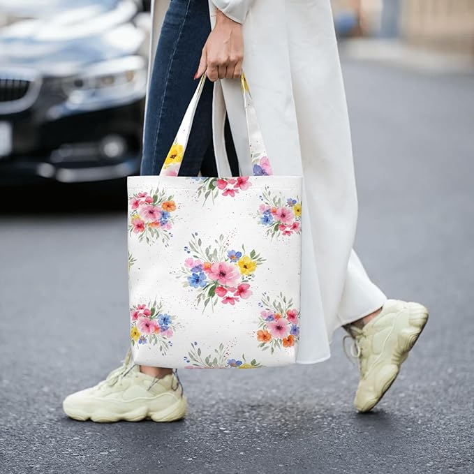 Canvas Tote Bag, Floral Bouquet Aesthetic Cute Girls Women Reusable Grocery Shopping Shoulder Bags for Book, Travel, Work