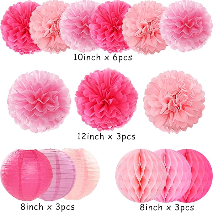 Hot Pink Paper Flowers Tissue Pom Poms Honeycomb Lanterns 15pcs Party Decorations for Birthday Bachelorette Women Girls Night Baby Shower Bridal Wedding Valentine Hanging Supplies Mprocherify